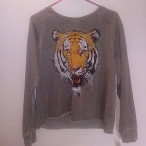 grayish-olive green sweater with tiger on it